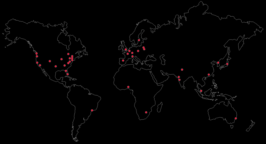 Mapa de presença global da infraestrutura MyWay em todos os continentes