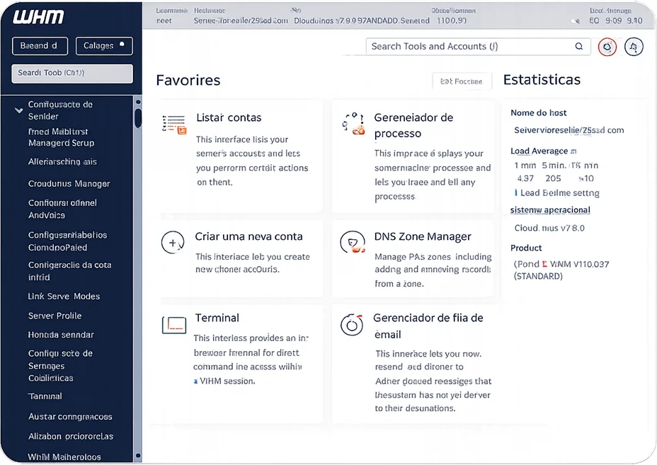 Painéis WHM e cPanel da revenda de hospedagem